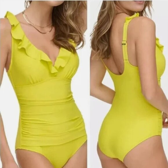 DKNY One Piece Swimsuit Ruffle Plunge Underwire Tummy Control Limoncello NWT  S - Picture 1 of 11